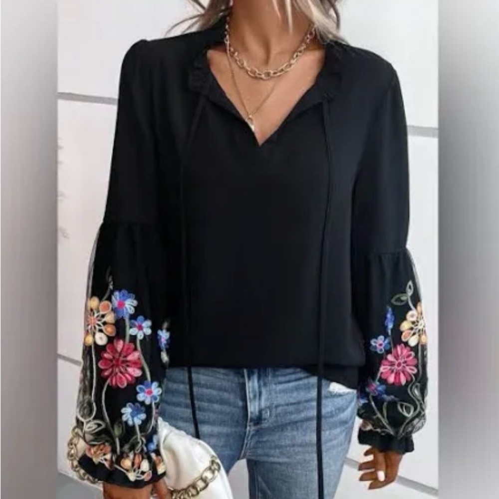 SHEIN Black Sheer Flowy Blouse with Colorful Lantern Embroidered Floral Sleeves - Picture 1 of 17